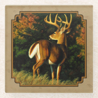 Whitetail Buck Deer Hunting Tan Glass Coaster