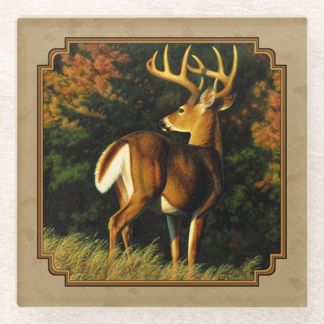 Whitetail Buck Deer Hunting Tan Glass Coaster (Front)