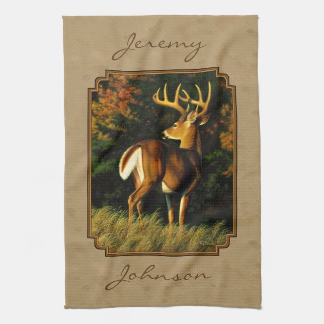 Whitetail Buck Deer Hunting Tan Kitchen Towel (Vertical)