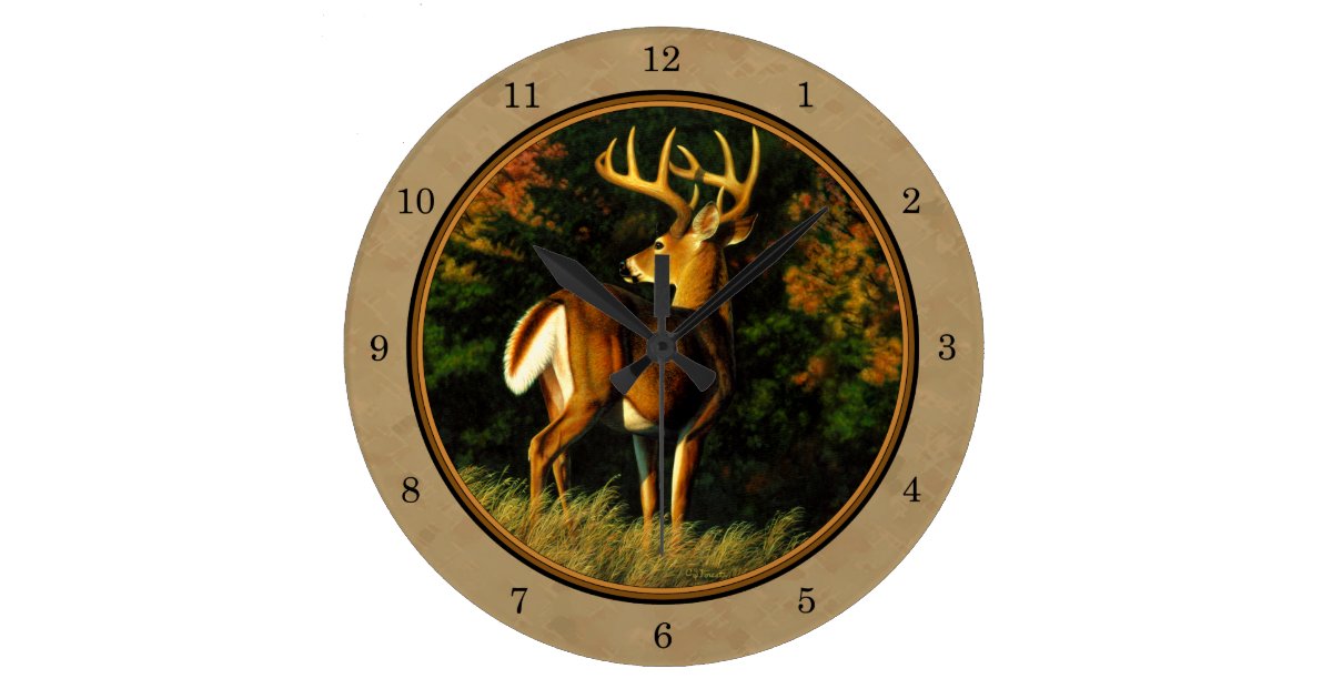 Whitetail Buck Deer Hunting Tan Large Clock