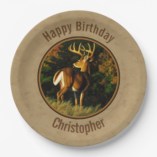 Whitetail Buck Deer Hunting Tan Paper Plates (Front)