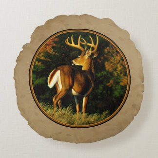 Whitetail Buck Deer Hunting Tan Round Pillow