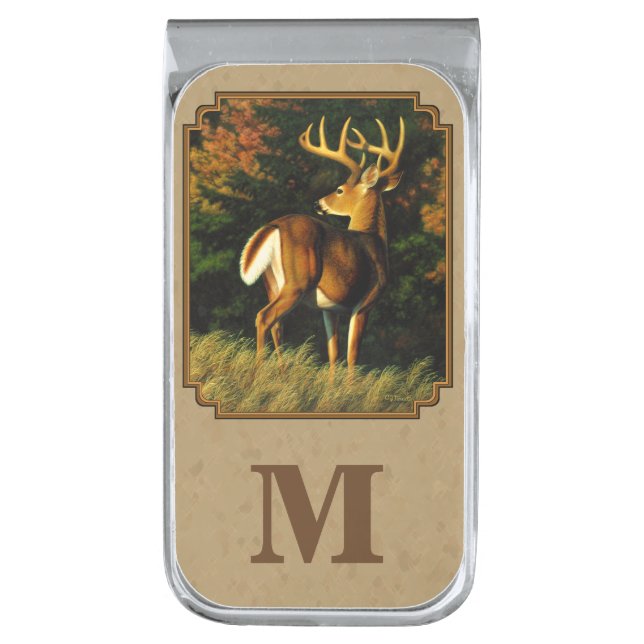 Whitetail Buck Deer Hunting Tan Silver Finish Money Clip (Front Vertical)