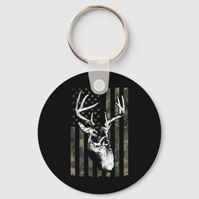 Whitetail Buck Deer Hunting USA Camouflage America Keychain (Front)