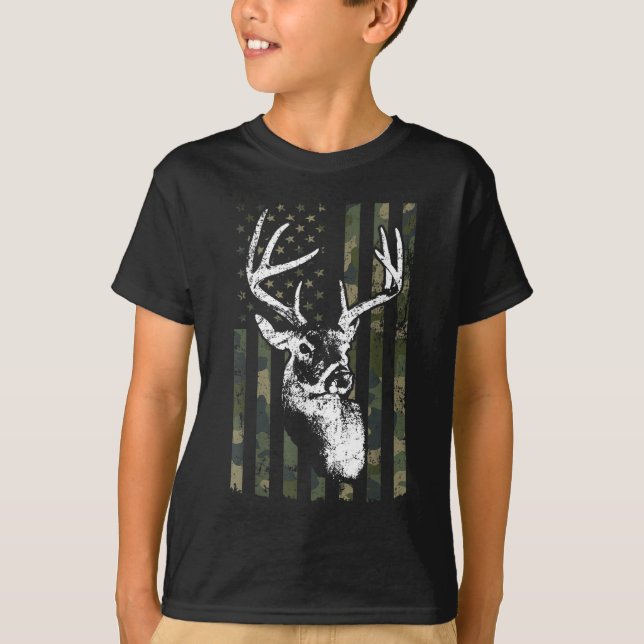 Whitetail Buck Deer Hunting USA Camouflage America T-Shirt (Front)