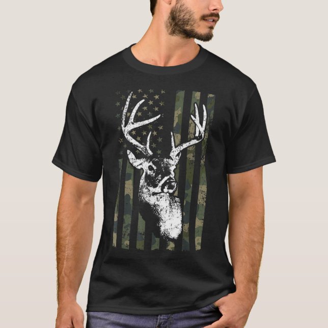 Whitetail Buck Deer Hunting USA Camouflage America T-Shirt (Front)