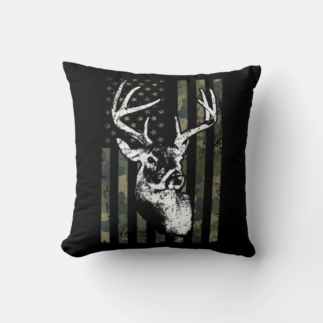 Whitetail Buck Deer Hunting USA Camouflage America Throw Pillow (Front)