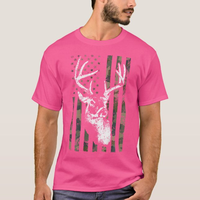 Whitetail Buck Deer Hunting Usa Camouflage Flag On T-Shirt (Front)