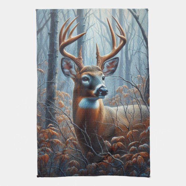 Whitetail Buck Deer in Forest Kitchen Towel (Vertical)