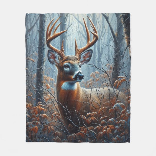 Whitetail Buck Standing in Forest Fleece Blanket (Front)