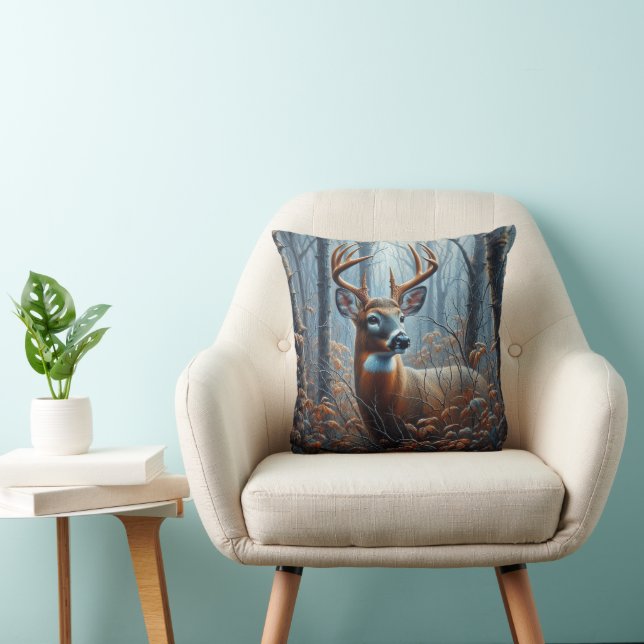 Whitetail Buck Standing in Forest Throw Pillow (Chair)