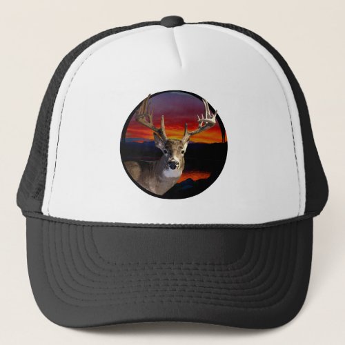 Whitetail buck sunset trucker hat