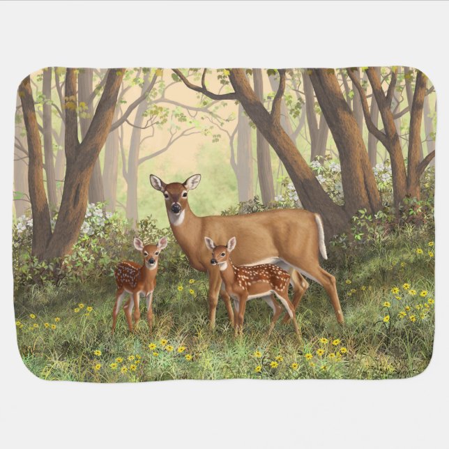 Whitetail Deer and Cute Twin Fawns In Spring Baby Blanket (Horizontal)