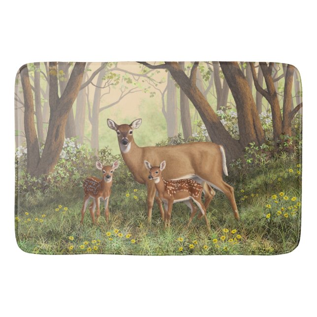 Whitetail Deer and Cute Twin Fawns In Spring Bathroom Mat (Front)