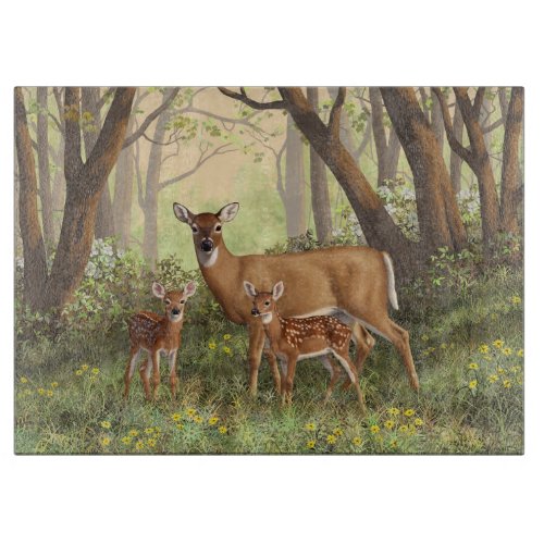 Whitetail Deer and Cute Twin Fawns In Spring Cutting Board