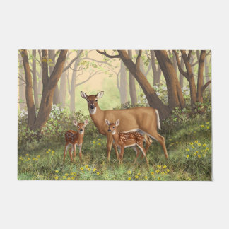 Whitetail Deer and Cute Twin Fawns In Spring Doormat