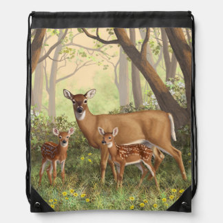Whitetail Deer and Cute Twin Fawns In Spring Drawstring Bag