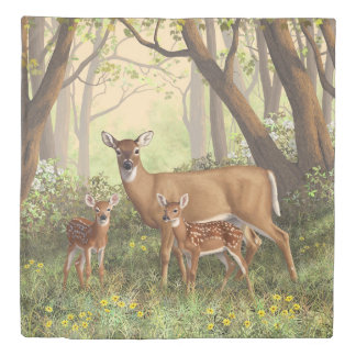 Whitetail Deer and Cute Twin Fawns In Spring Duvet Cover