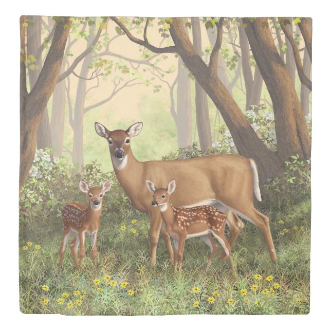Whitetail Deer and Cute Twin Fawns In Spring Duvet Cover (Front)
