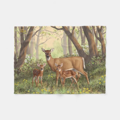 Whitetail Deer and Cute Twin Fawns In Spring Fleece Blanket