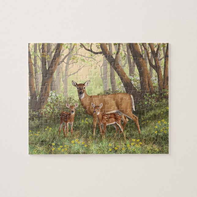 Whitetail Deer and Cute Twin Fawns In Spring Jigsaw Puzzle (Horizontal)