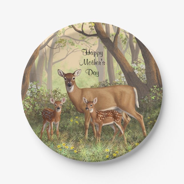 Whitetail Deer and Cute Twin Fawns In Spring Paper Plates (Front)