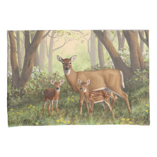 Whitetail Deer and Cute Twin Fawns In Spring Pillowcase