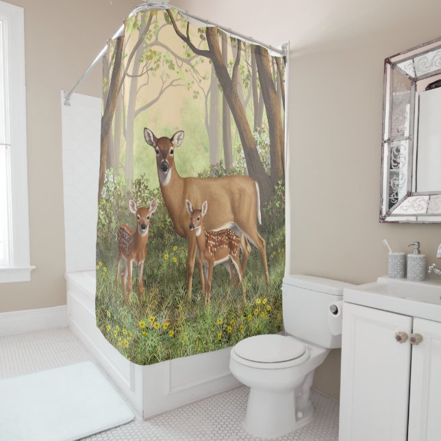 Whitetail Deer and Cute Twin Fawns In Spring Shower Curtain (In Situ)