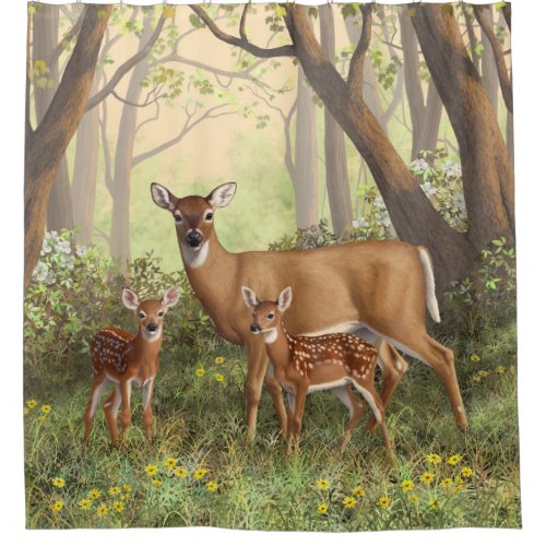 Whitetail Deer and Cute Twin Fawns In Spring Shower Curtain
