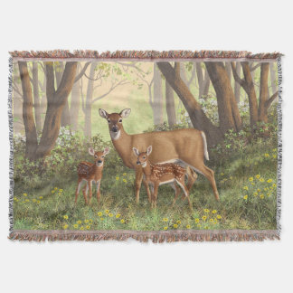 Whitetail Deer and Cute Twin Fawns In Spring Throw Blanket