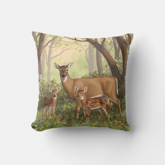 Whitetail Deer and Cute Twin Fawns In Spring Throw Pillow