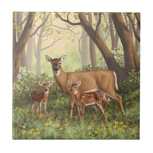 Whitetail Deer and Cute Twin Fawns In Spring Tile