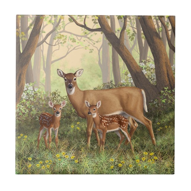 Whitetail Deer and Cute Twin Fawns In Spring Tile (Front)