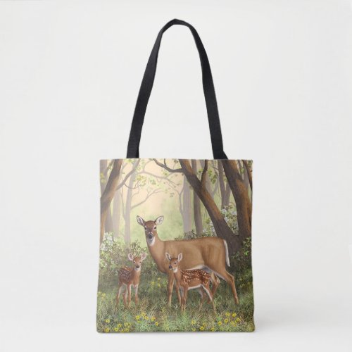 Whitetail Deer and Cute Twin Fawns In Spring Tote Bag