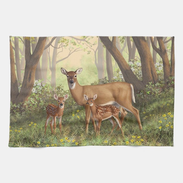Whitetail Deer and Cute Twin Fawns In Spring Towel (Horizontal)