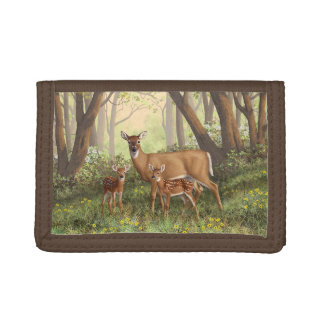 Whitetail Deer and Cute Twin Fawns In Spring Trifold Wallet