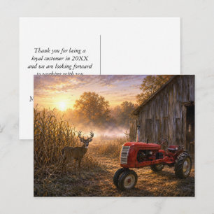 Whitetail Deer and Vintage Tractor in Morning Mist Postcard