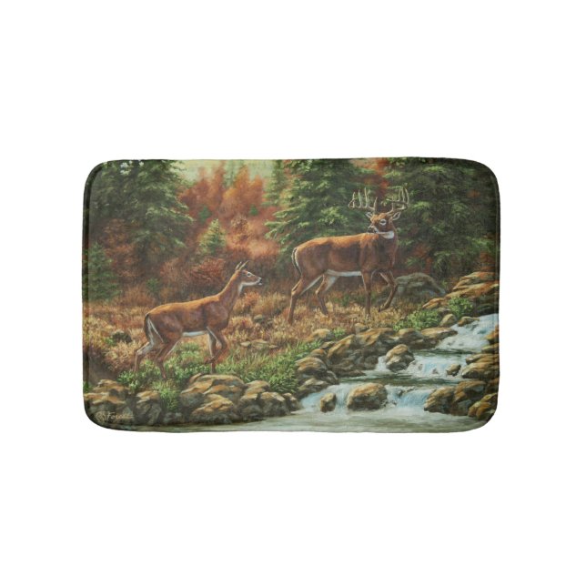 Whitetail Deer and Waterfall Bathroom Mat (Front)