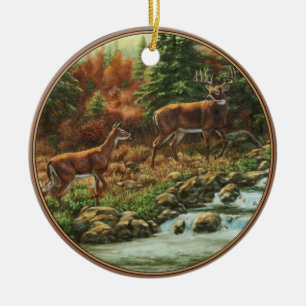 Whitetail Deer and Waterfall Ceramic Ornament