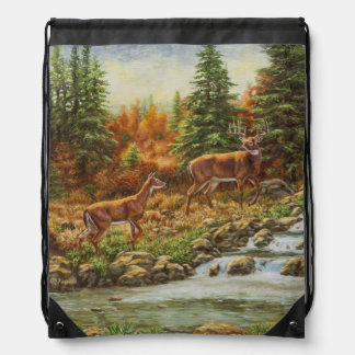 Whitetail Deer and Waterfall Drawstring Bag