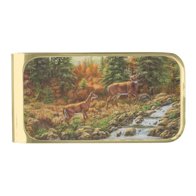 Whitetail Deer and Waterfall Gold Finish Money Clip (Front)