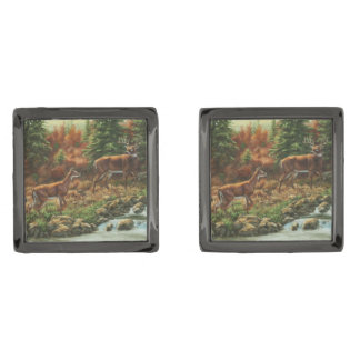 Whitetail Deer and Waterfall Gunmetal Finish Cufflinks