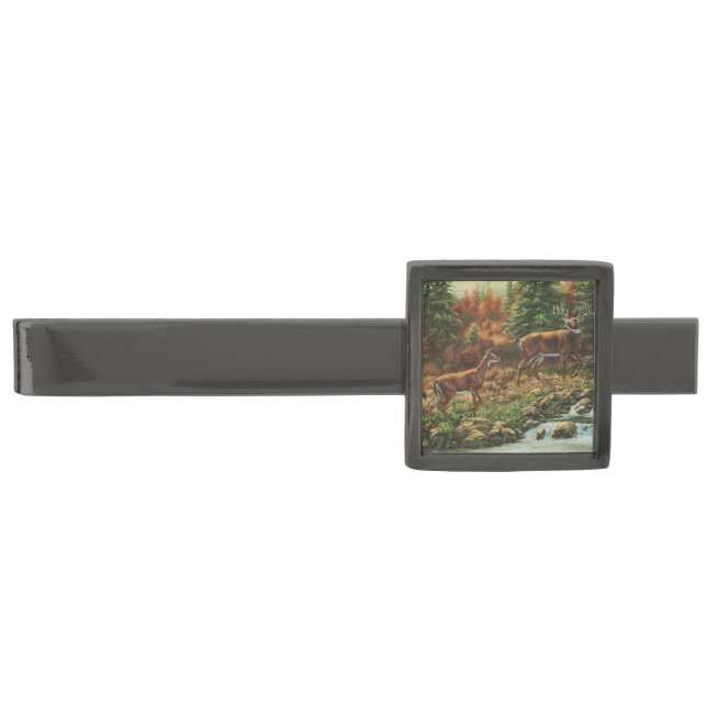 Whitetail Deer and Waterfall Gunmetal Finish Tie Clip (Front)