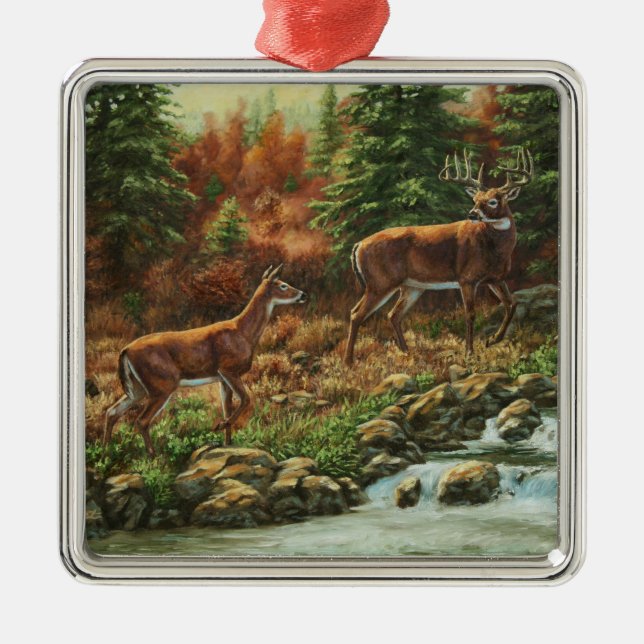 Whitetail Deer and Waterfall Metal Ornament (Front)