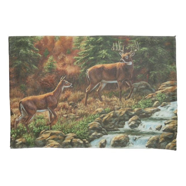 Whitetail Deer and Waterfall Pillow Case (Front-Left)