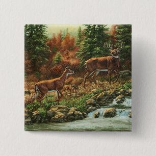 Whitetail Deer and Waterfall Pinback Button