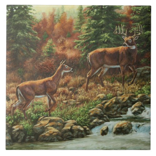 Whitetail Deer and Waterfall Tile