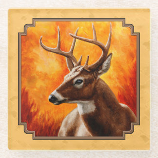 Whitetail Deer Autumn Gold Glass Coaster