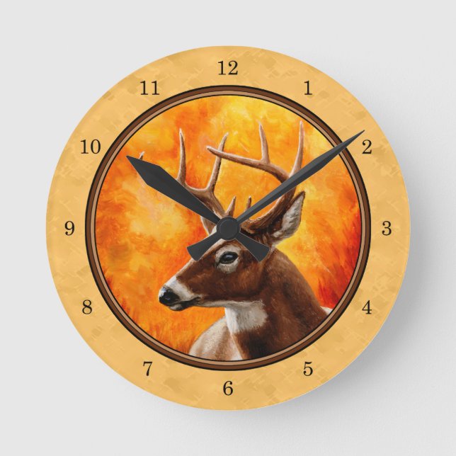 Whitetail Deer Autumn Gold Round Clock (Front)