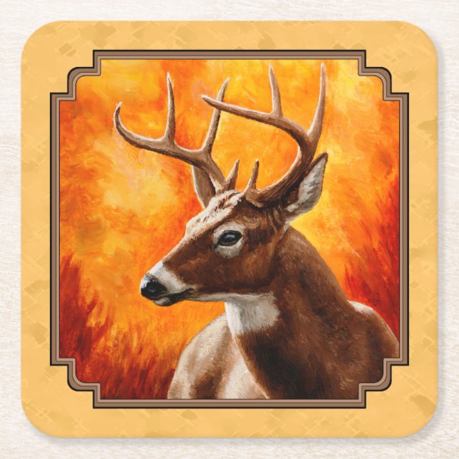 Whitetail Deer Autumn Gold Square Paper Coaster (Front)
